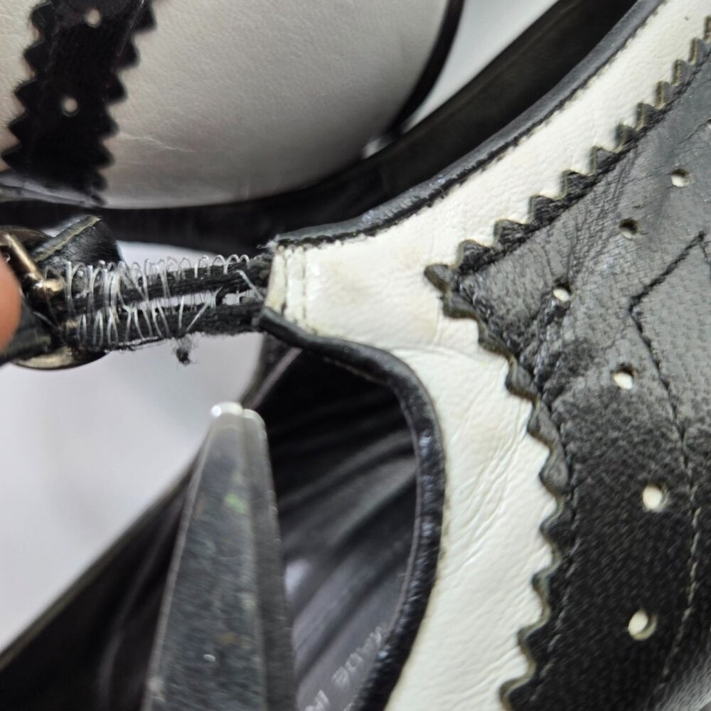VTG Via Spiga 7.5 Black White Leather Peep-Toe Mary Jane Oxford Heels Lady*Read - Picture 8 of 15